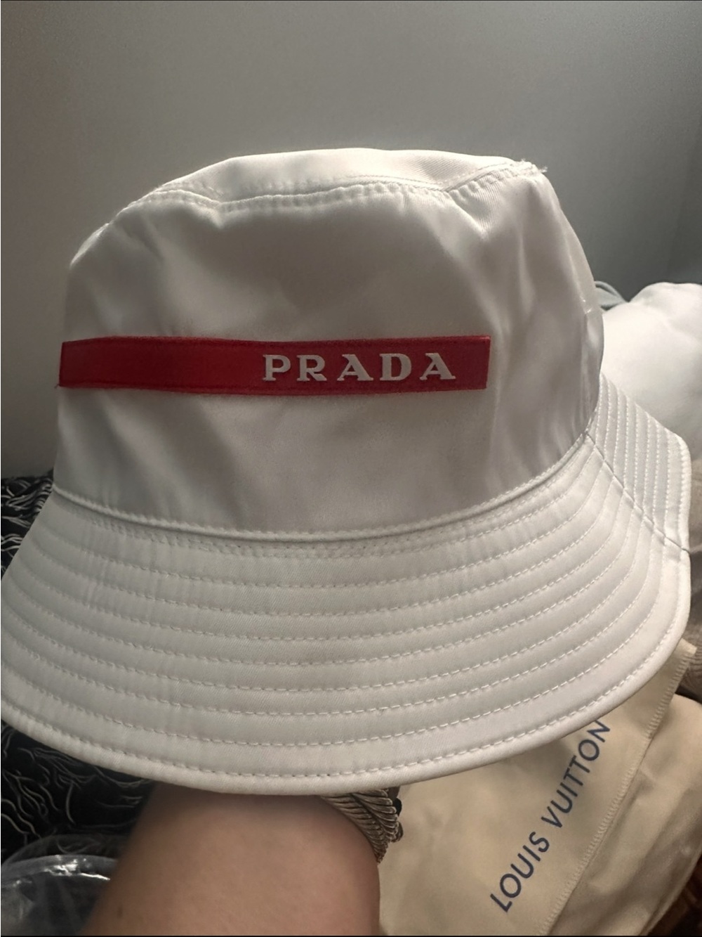 White Bucket Hat with Red Logo - FASHION